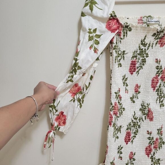 Reformation Linen Dress Hilary Floral Smocked Puff Sleeve Large - Picture 8 of 13